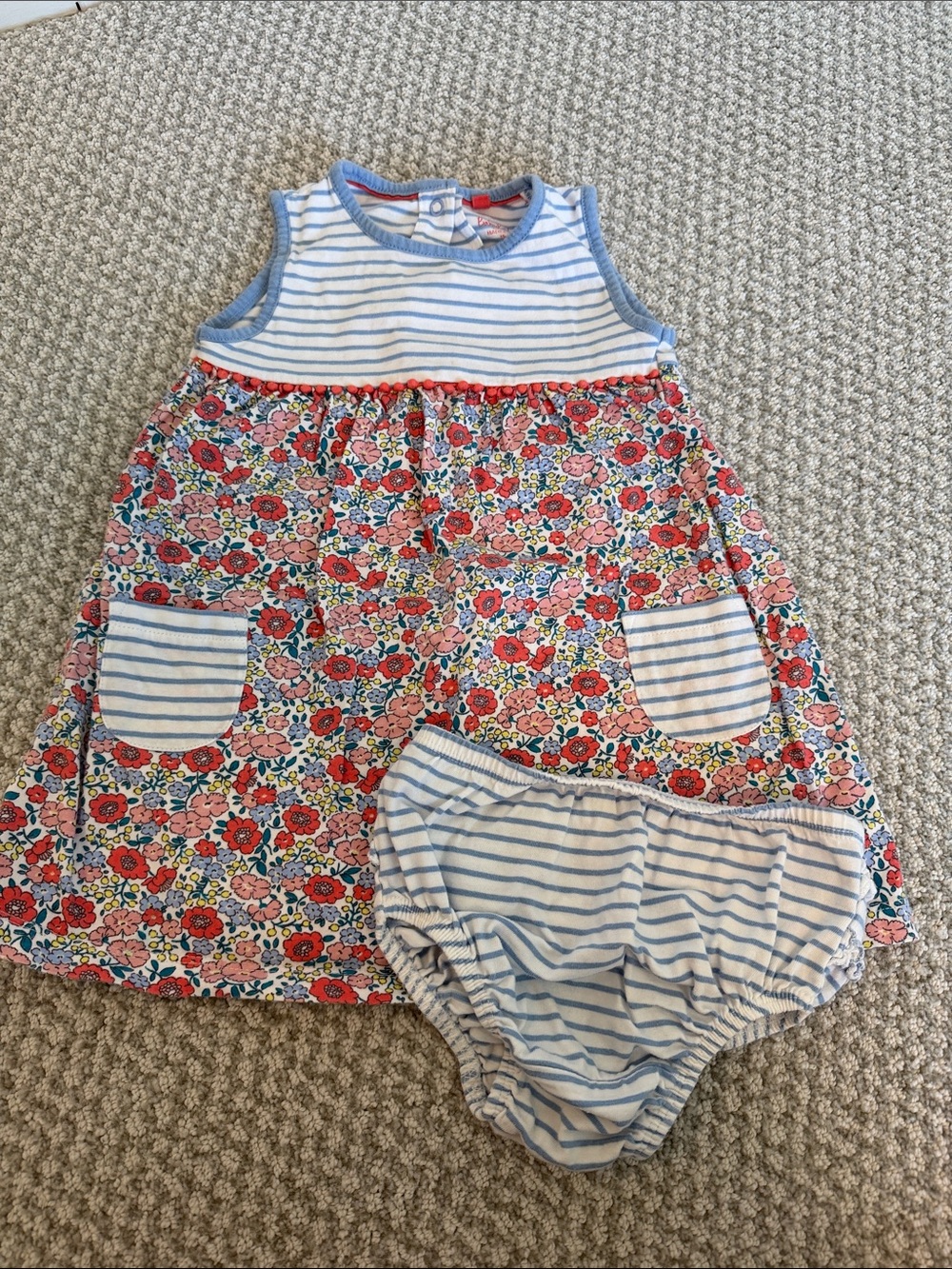 Baby Boden Blue, Pink & Red Floral Sleeveless Dress with Striped Bloomers